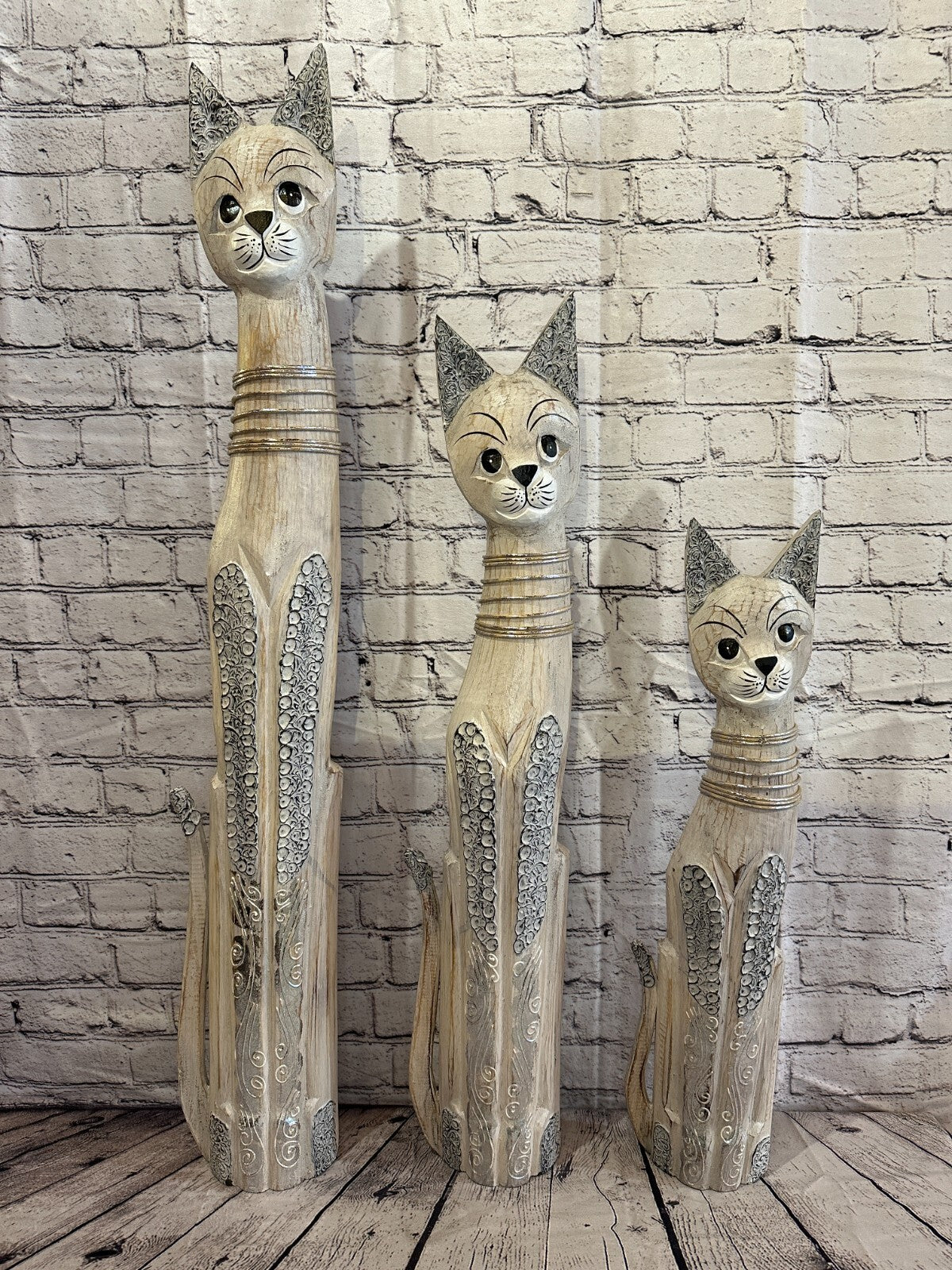 60cm White Swirl Flower Wooden Shabby Cat Statue Ornament Fair Trade Handcarved
