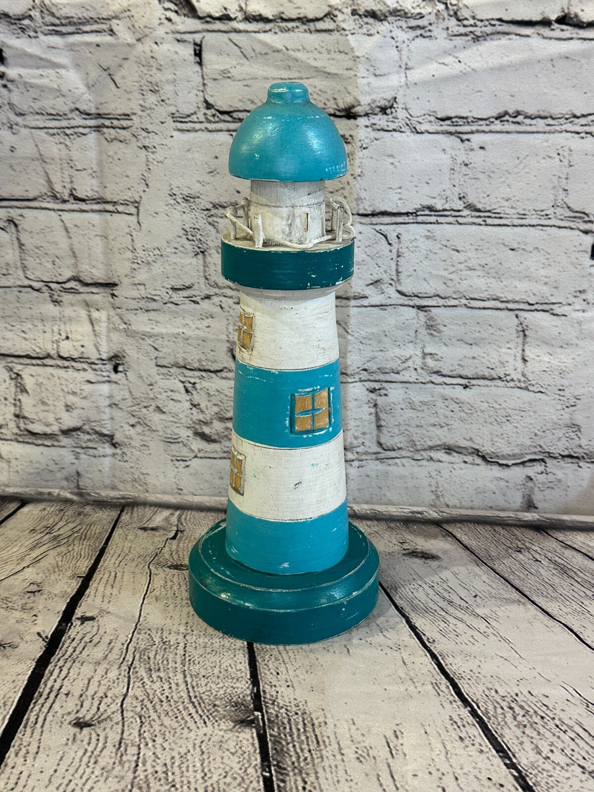 30cm Green White Wooden Lighthouse Ornament Nautical Coastal Sculpture Statue