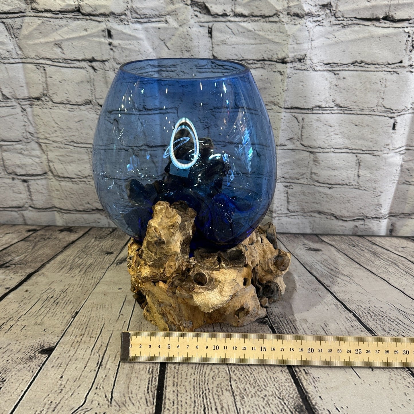 30cm Blue Molten Glass Round Bowl Natural Root Wood Base Stand Decor Ornament