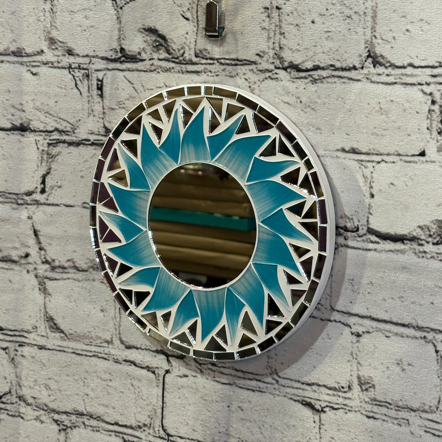 Turquoise Blue Flame Sun Mosaic Tile Wall Mirror 20cm x 20cm 8 Inches Handmade