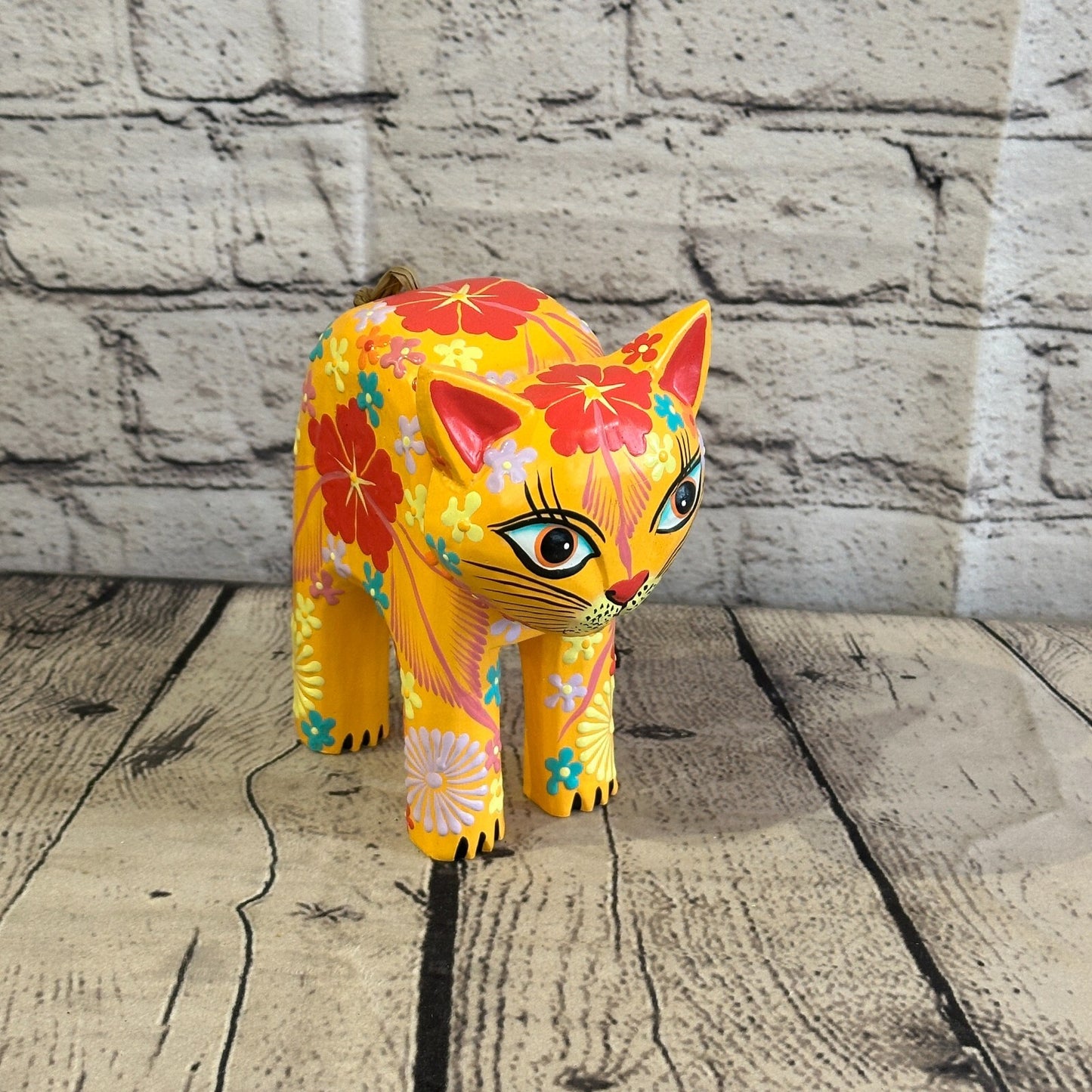 Orange Large Wooden Cat With Flower Pattern 15cm x 10cm Handmade and Fairtrade