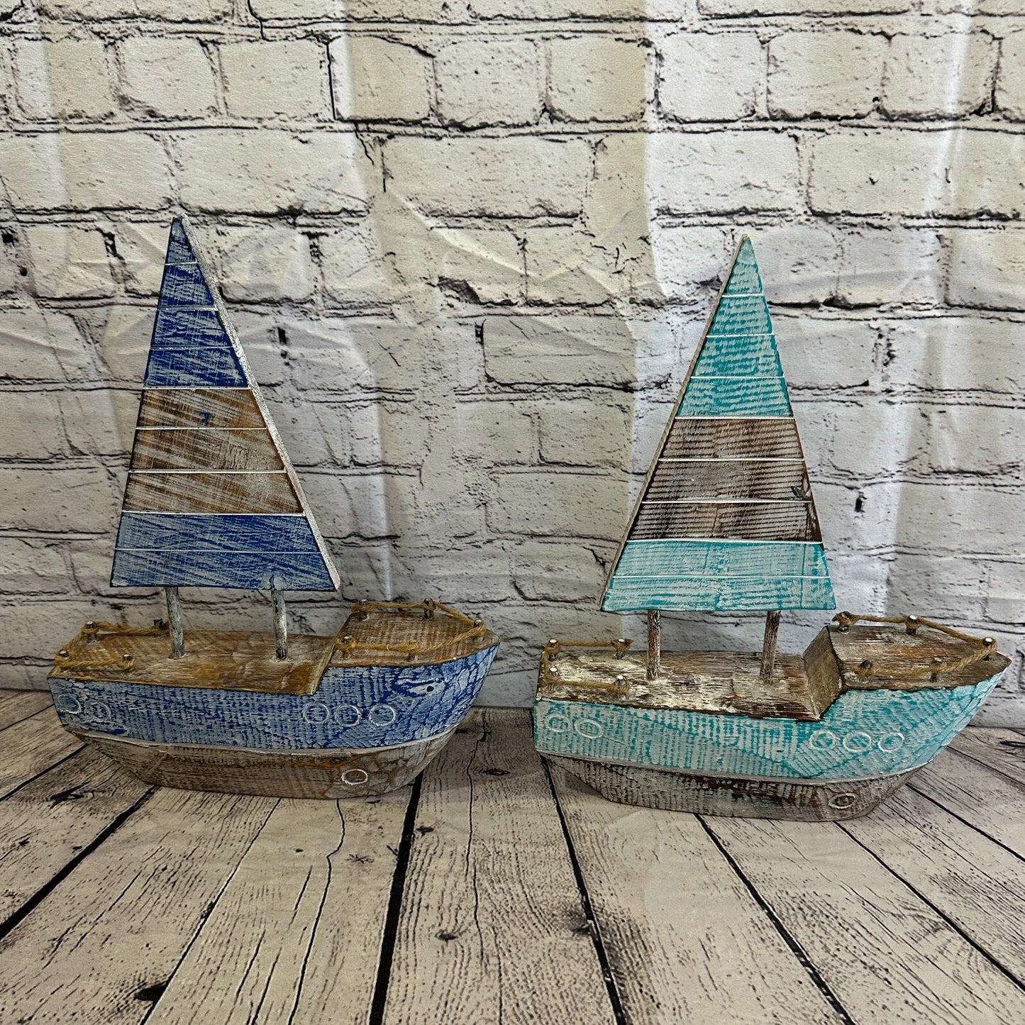 40cm Rustic Wooden Brown & Green Sailing Boat Nautical Ornament Sculpture Decor