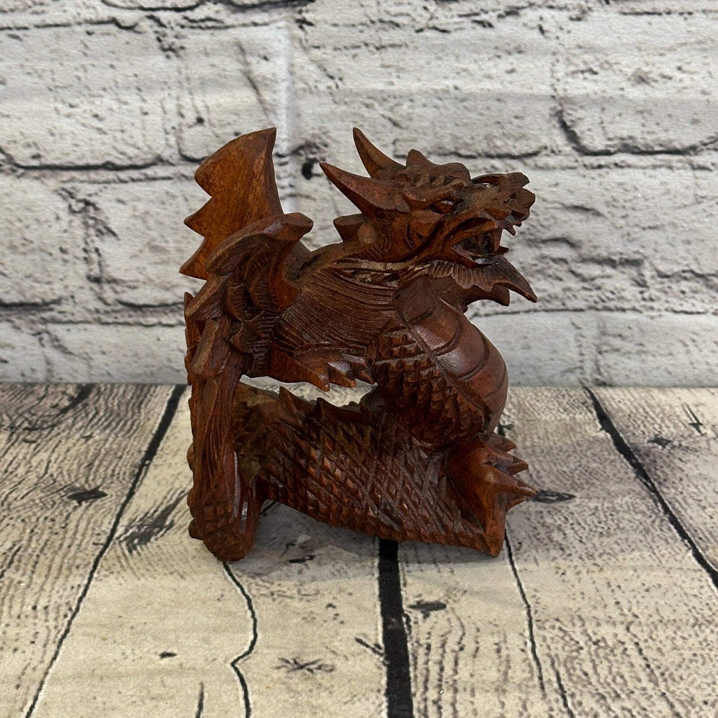 12cm x 10cm Dark Wooden Standing Dragon Carving Hand Carved Wing Back Dragon