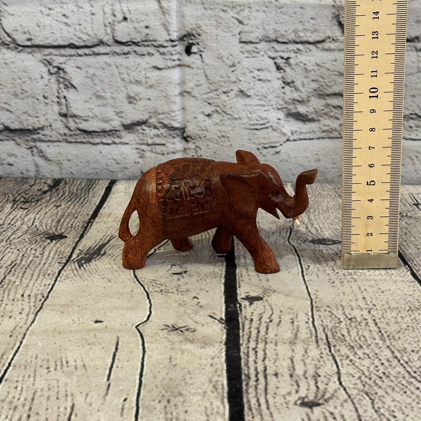 10cm x 6cm Carved Wooden Baby Elephant Wood Brown Sculpture Retro Handmade