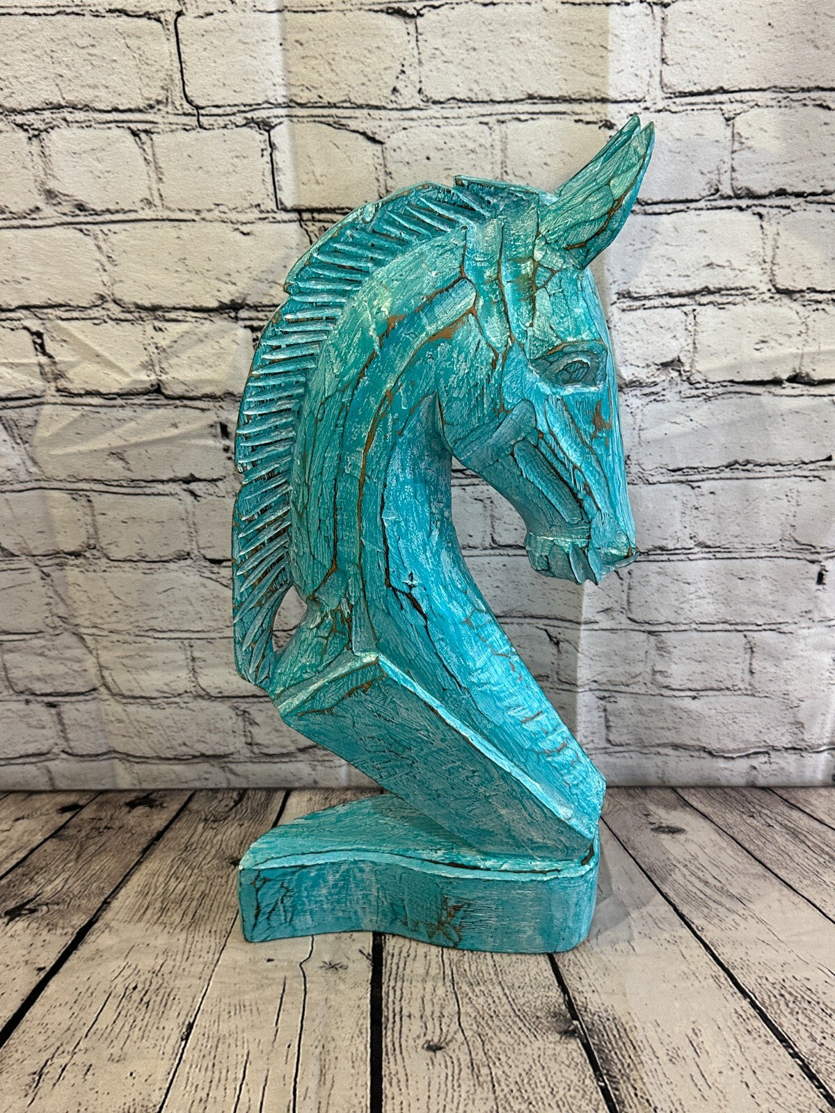 Green Wooden 50cm x 25cm Horse Head Bust Hand Carved Wood Sculpture