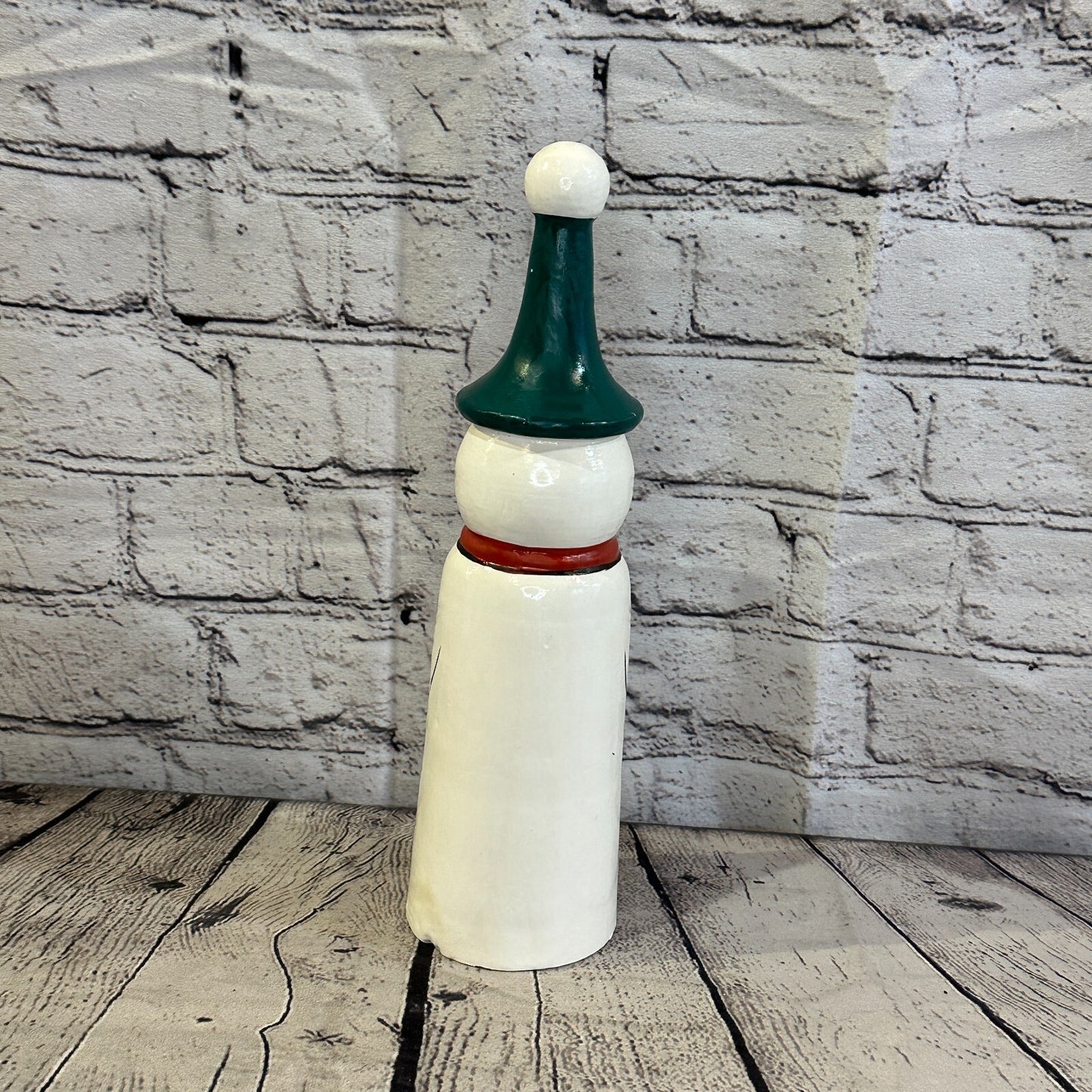 28cm x 8cm Green Pointy Hat Snowman Handcrafted Wood Xmas Christmas Ornament