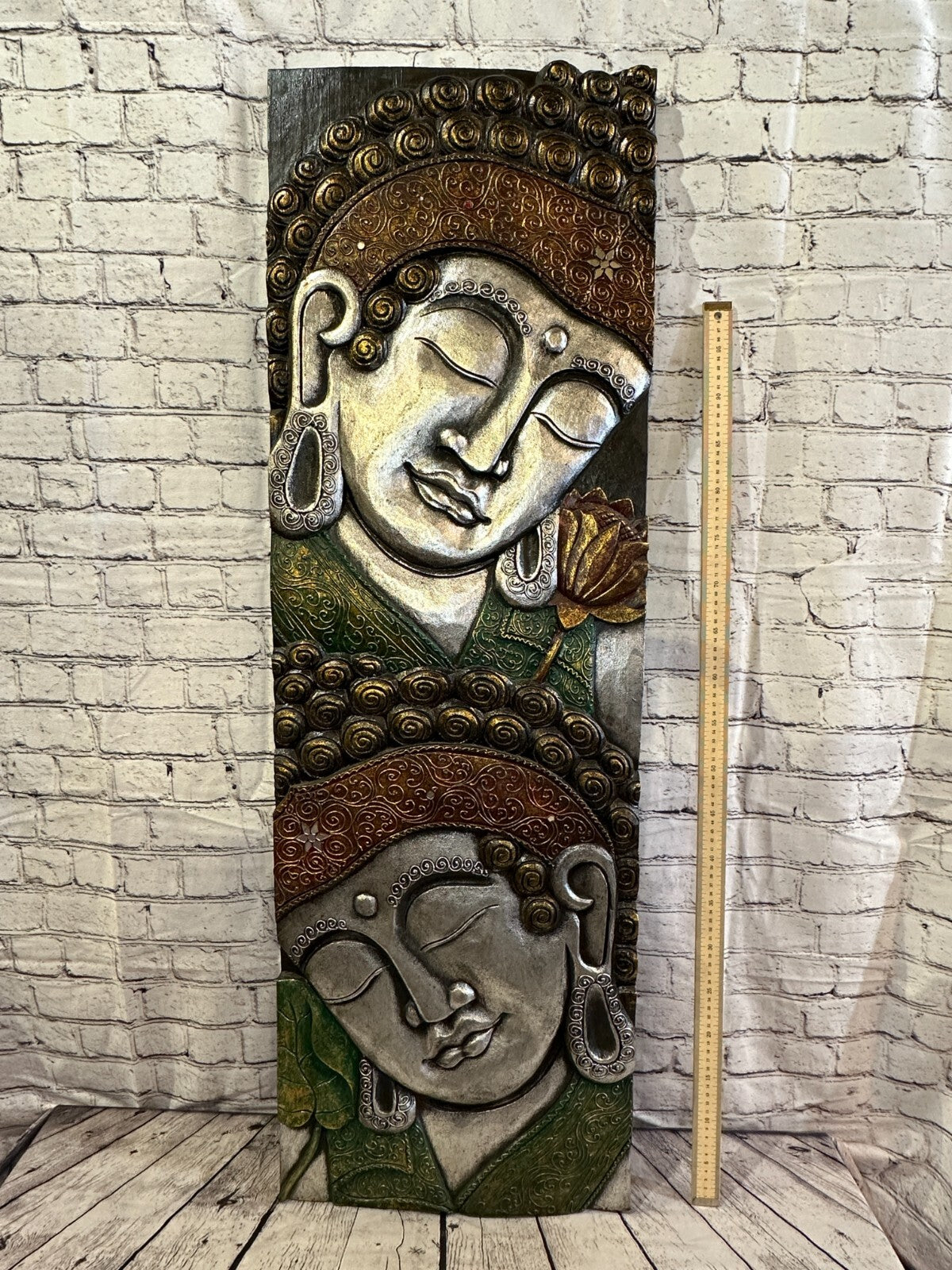 120cm x 40cm Tall Buddha 2 Faces Multi Colour Wooden Wood Panel Wall Art Plaque