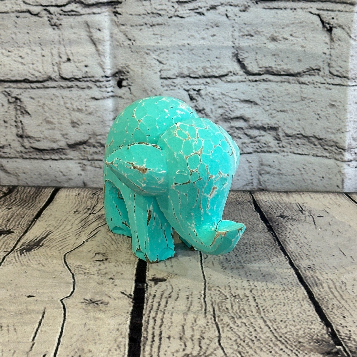 Green Wooden Elephant With Shabby Pattern 10cm x 10cm Handmade and Fairtrade