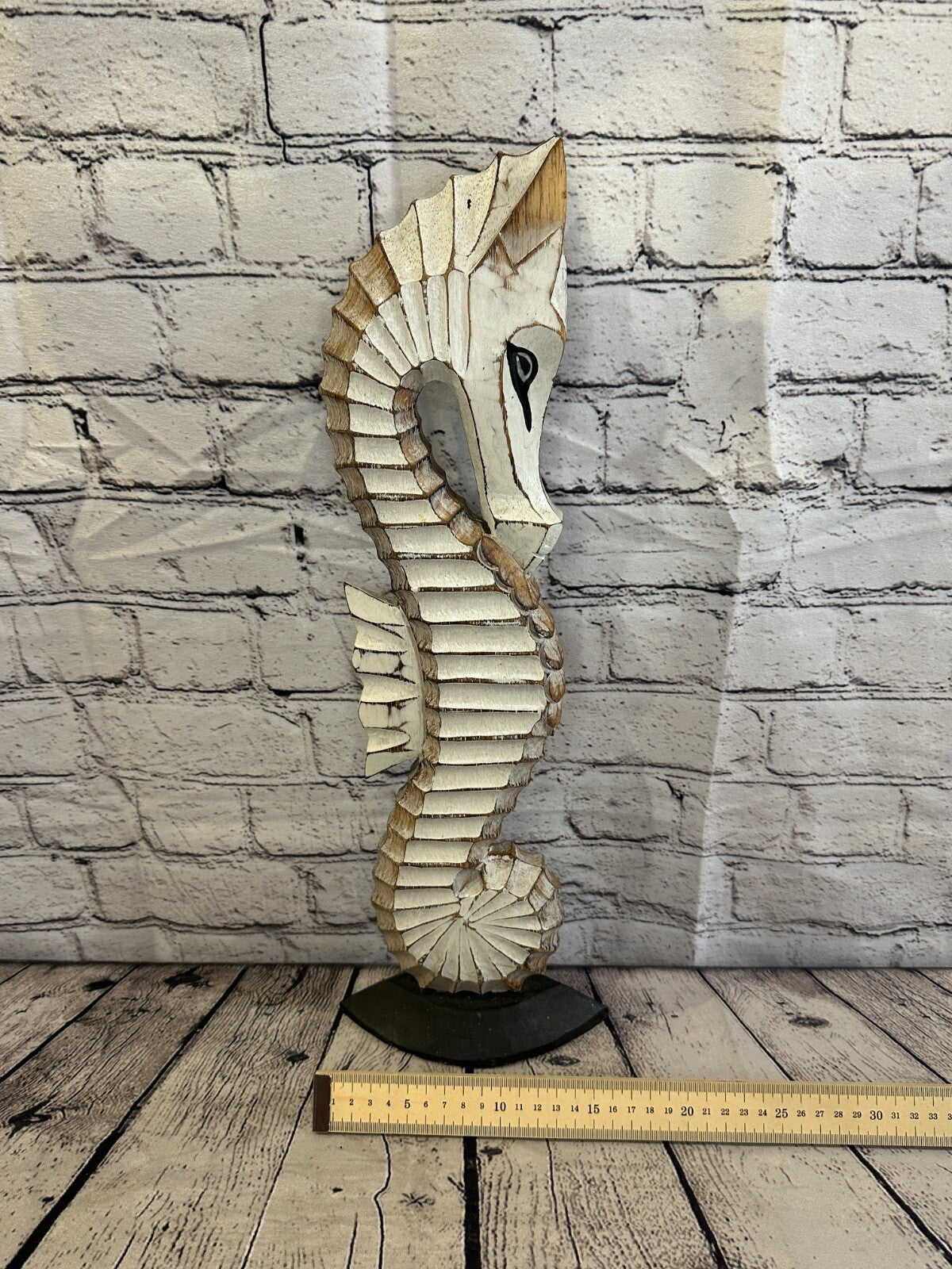 50cm White Brown Wooden Shabby Seahorse Statue Ornament Fair Trade Handcarved