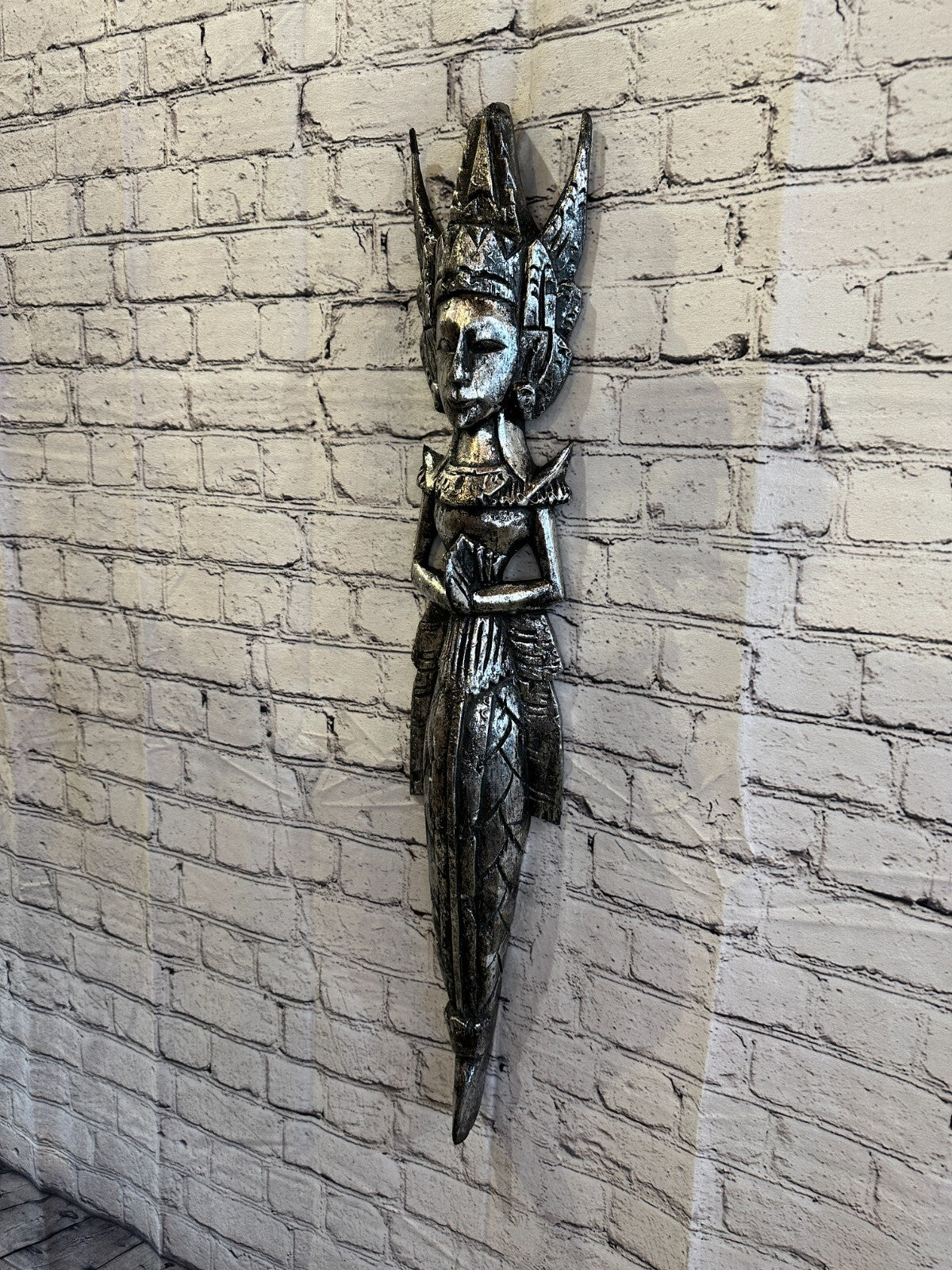 Silver Antique Colour Sita Dewi Bali Rice Goddess Wings Mermaid Wood 80cm Pair