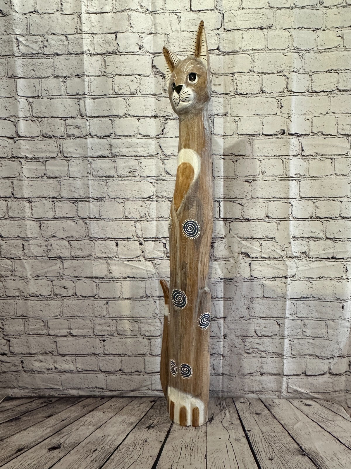 100cm Light Brown Flower Wooden Shabby Cat Statue Ornament Fair Trade Handcarved