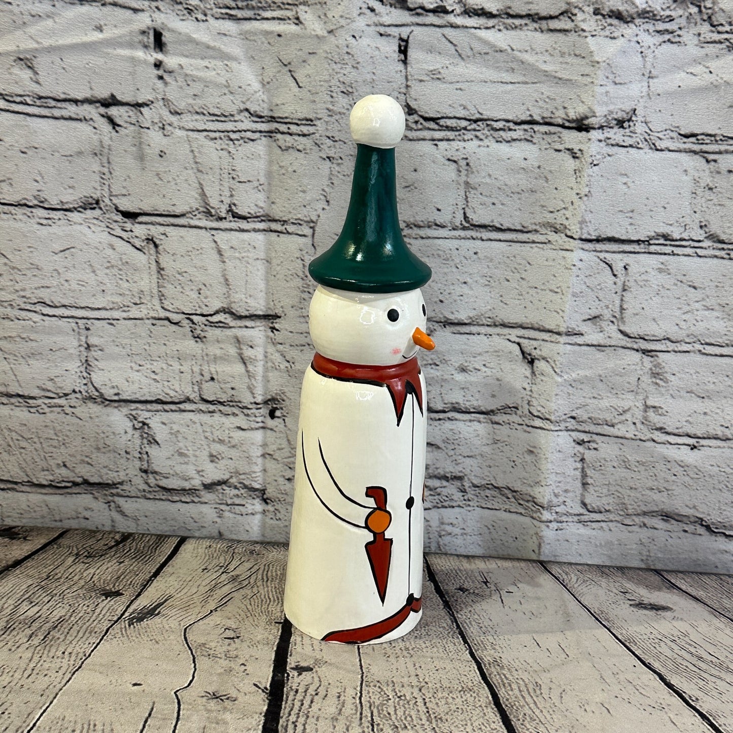 28cm x 8cm Green Pointy Hat Snowman Handcrafted Wood Xmas Christmas Ornament
