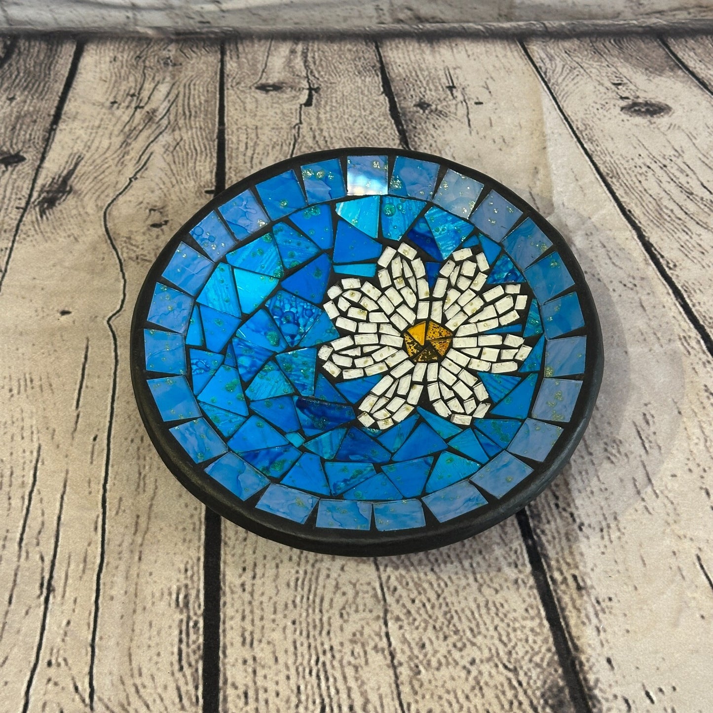 20cm Blue Daisy Flower Round Mosaic Handmade Ceramic Glass Tile Bowl Fruit