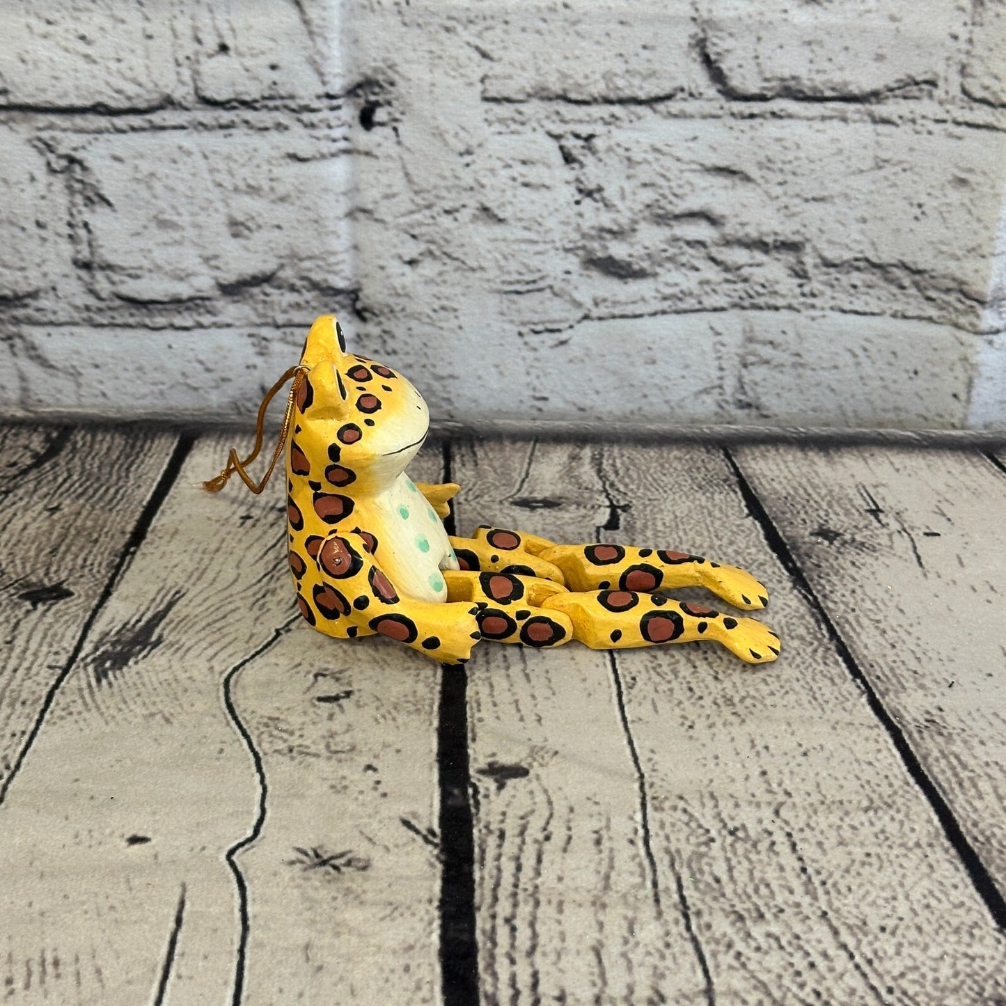 10cm Yellow Frog Sitting Animal, Wooden Shelf Ornament Handmade and Fairtrade