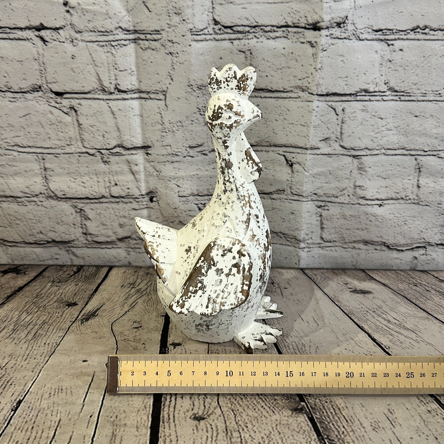 25cm x 12cm White Shabby Wooden Rooster Cockerel Retro Collectable Hand Carved