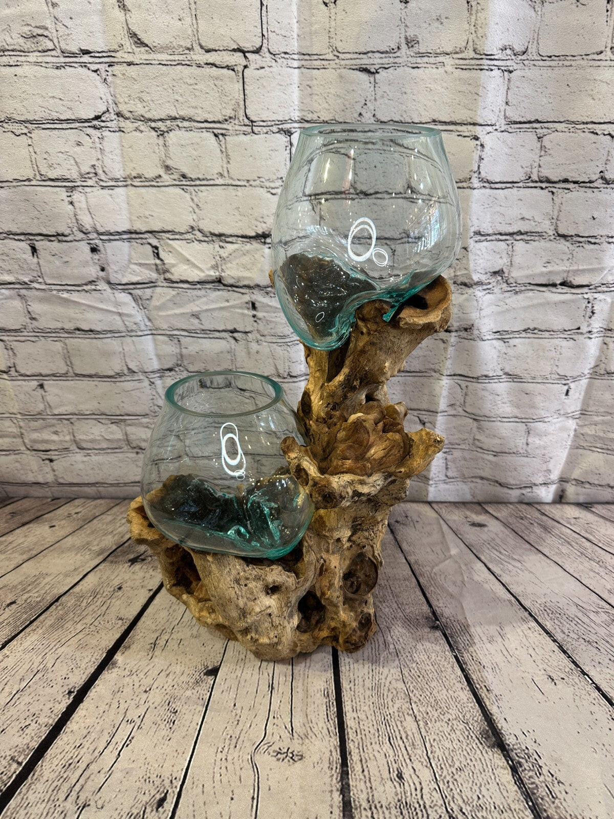 50cm Double Molten Glass Round Bowl Natural Root Wood Base Stand Decor Ornament
