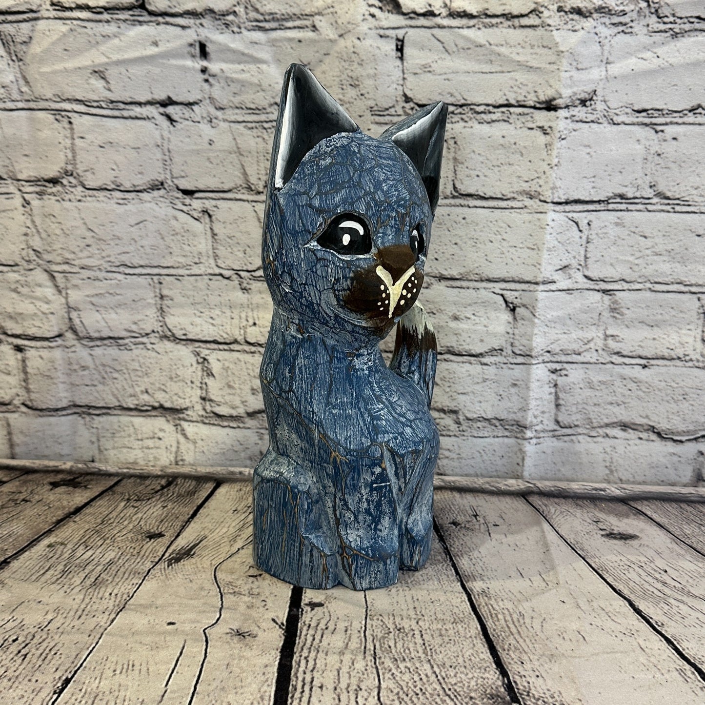30cm x 12cm Blue Flower Wooden Shabby Cat Statue Ornament Fair Trade Handcarved