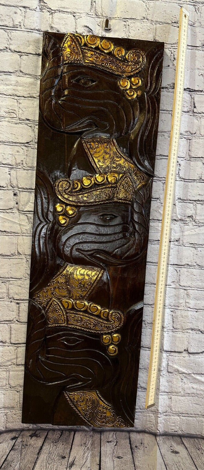 100cm x 30cm Elephants Brown Silver Wooden Wood Panel Wall Art Plaque Handcarved