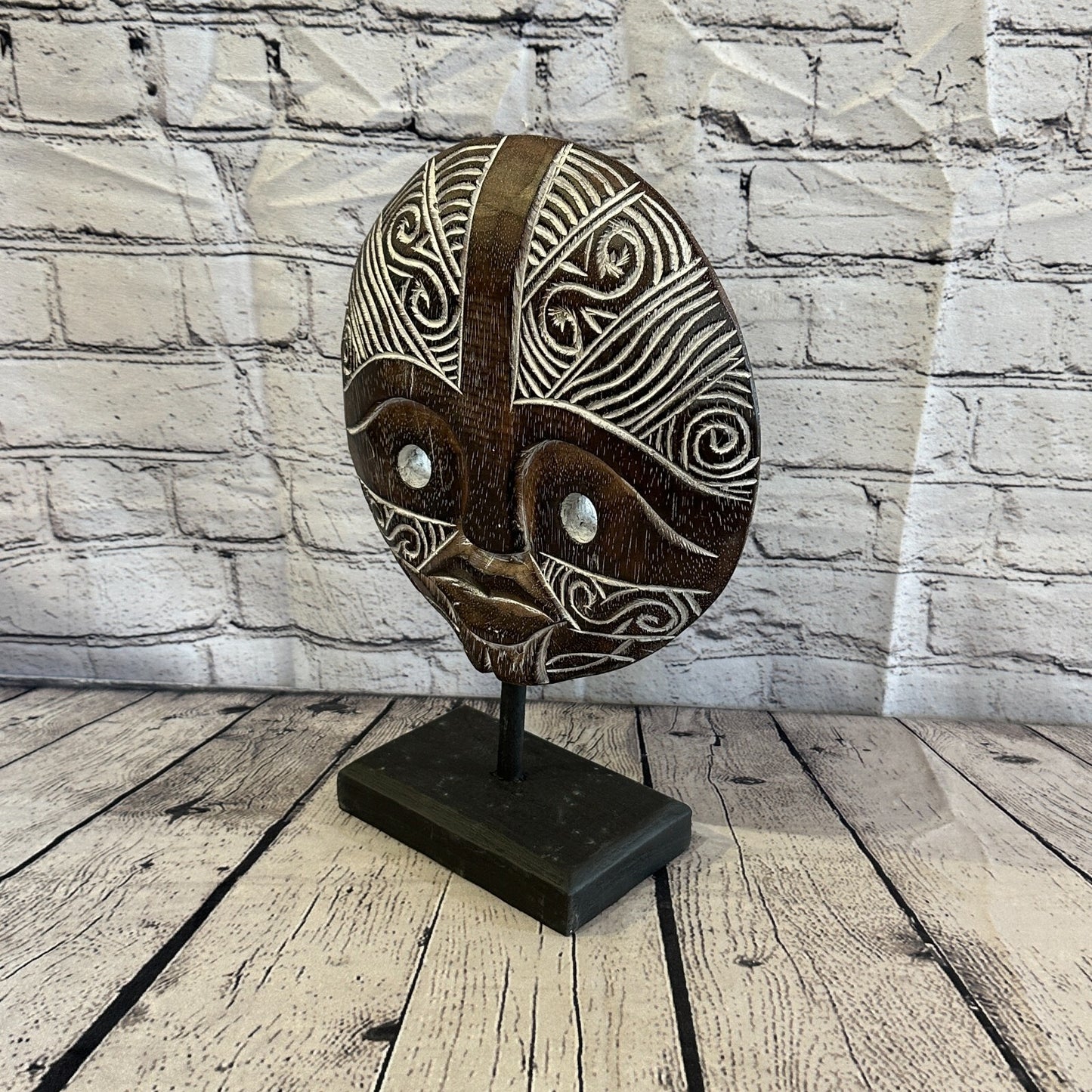 35cm x 25cm Wooden Tribal Primitive Black Mask Stand Sculpture Statue Art