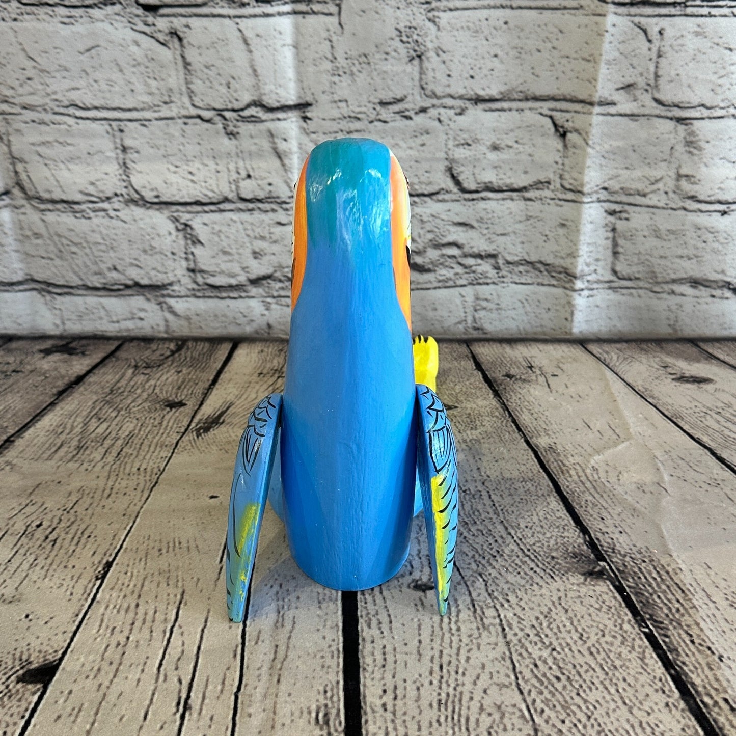 20cm Blue Parrot Sitting Animal, Wooden Shelf Ornament Handmade & Fairtrade
