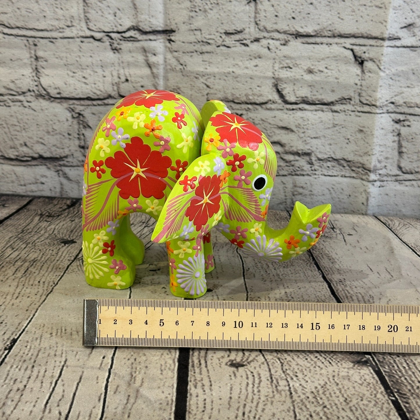 Green Wooden Elephant With Flower Pattern 15cm x 18cm Handmade and Fairtrade