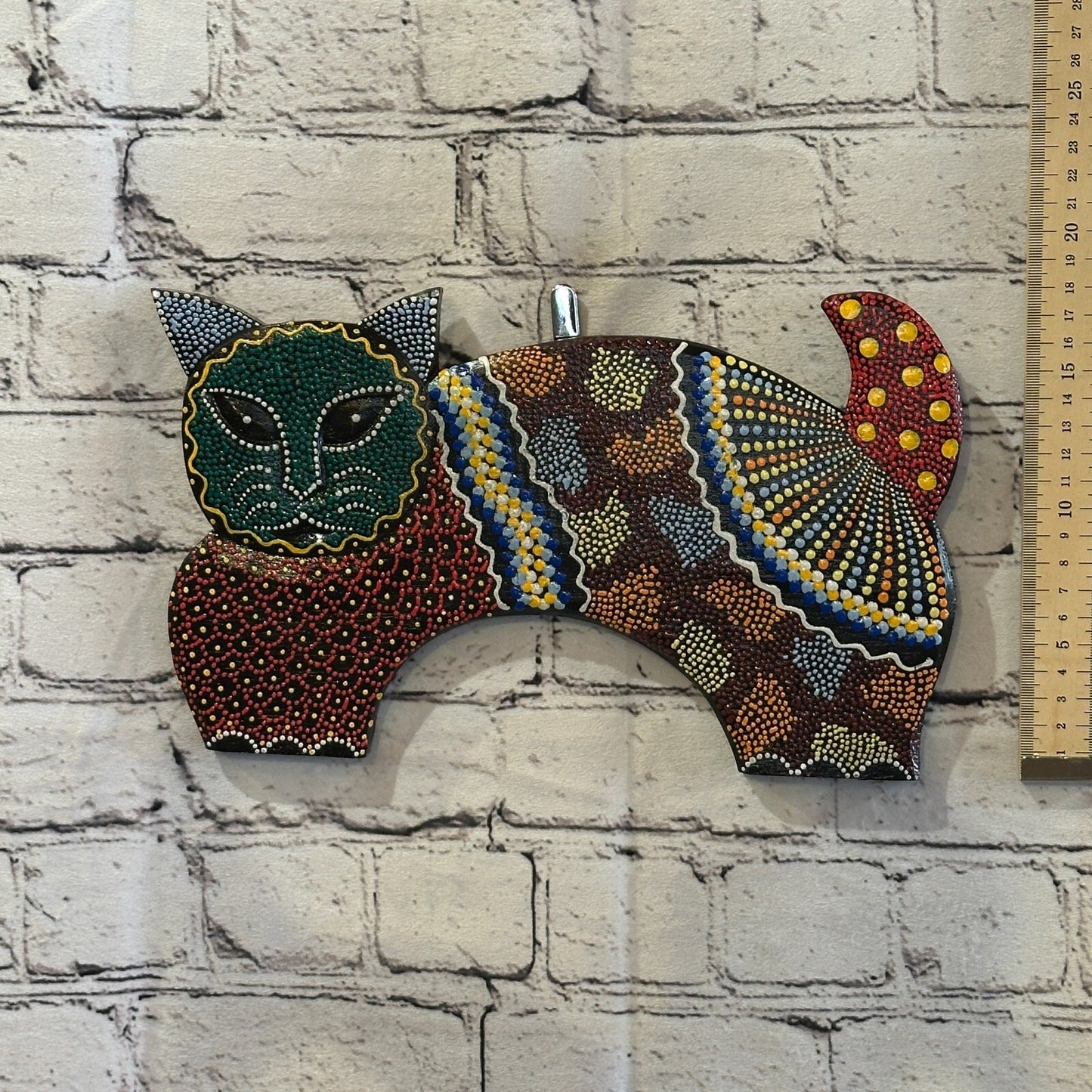 30cm Green Cat Carved Wooden Dot Painted Ethnic Tribal Tiki Wall Art Handmade