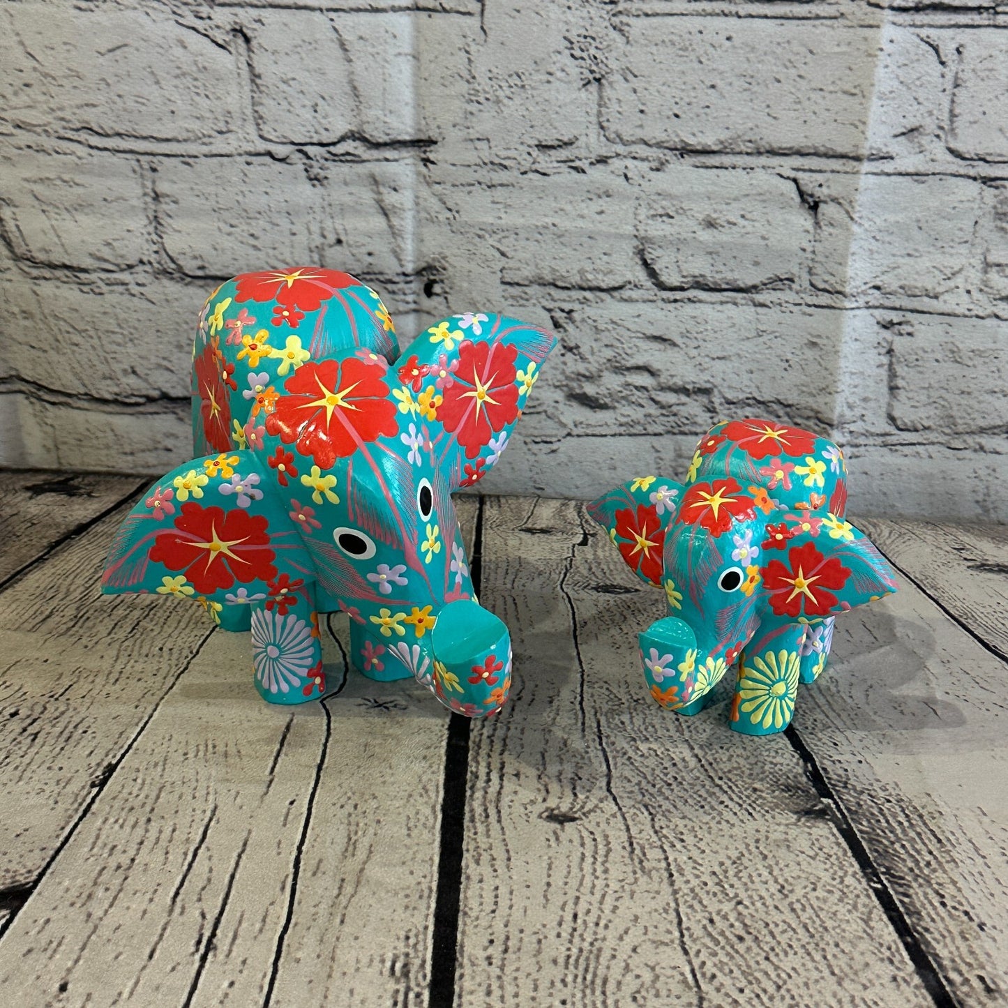 Blue Wooden Elephant With Flower Pattern 10cm x 12cm Handmade and Fairtrade