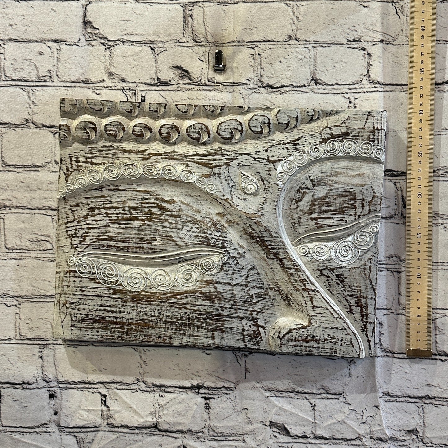 Wooden Wood Panel 40cm Brown White Buddha Eyes Lotus Wall Art Plaque Handcarved