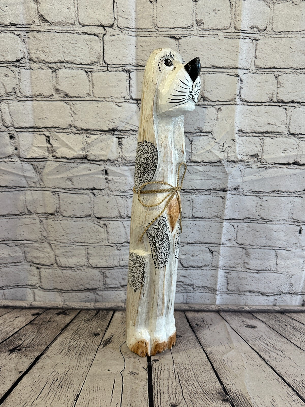 50cm White Flower Wooden Shabby Dog Statue Ornament Fair Trade Handcarved