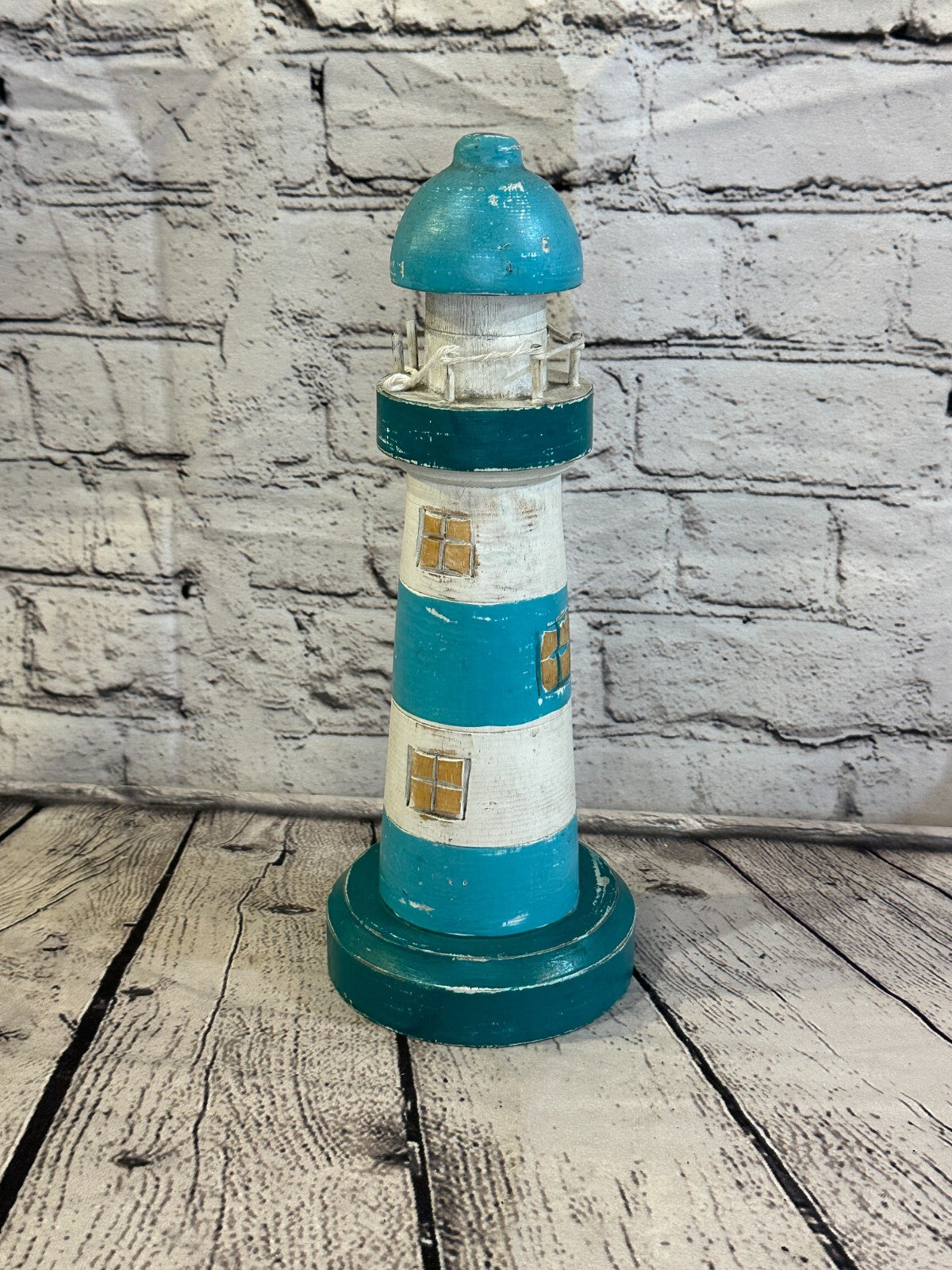 30cm Green White Wooden Lighthouse Ornament Nautical Coastal Sculpture Statue