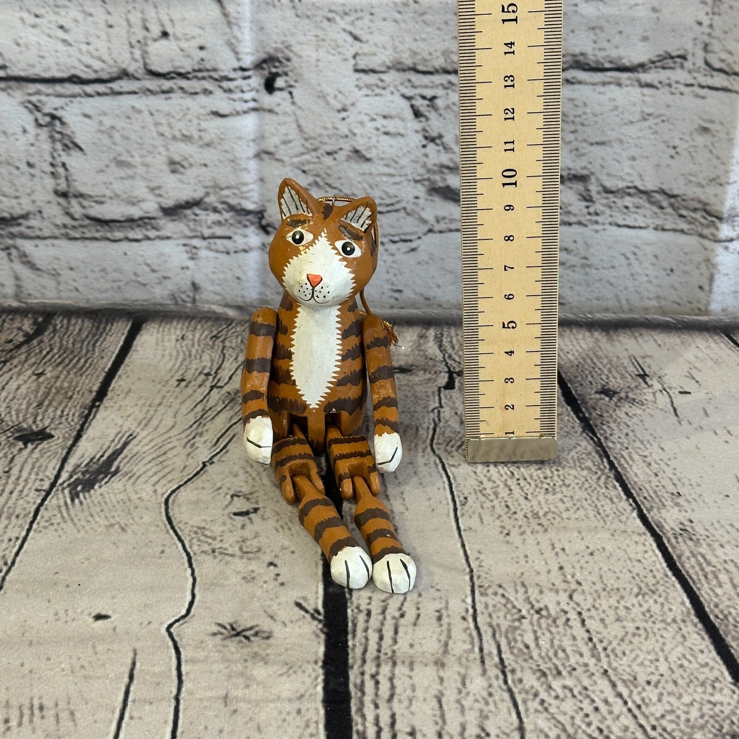 10cm Tabby Cat Sitting Animal, Wooden Shelf Ornament Handmade and Fairtrade