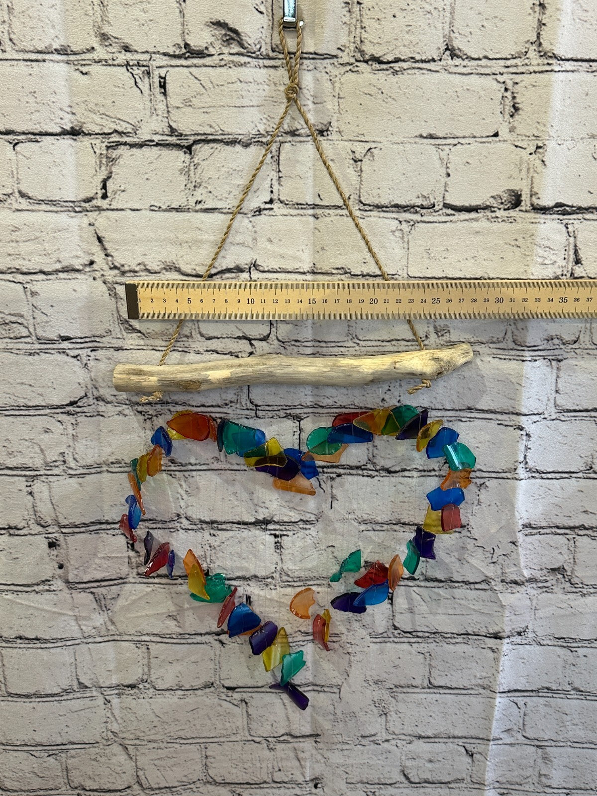 35cm x 25cm Rainbow Heart Recycled Glass Driftwood Handmade Garden Home Mobile