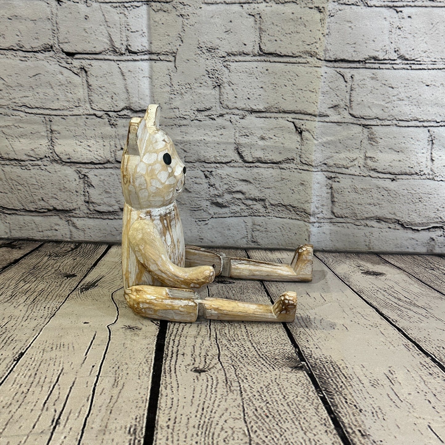 18cm Shabby White Teddy Sitting Animal Wooden Shelf Ornament Handmade Fairtrade