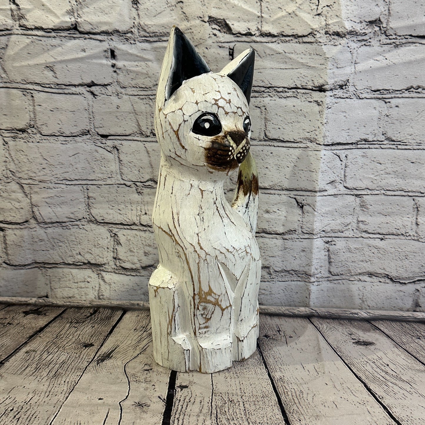 35cm x 15cm White Flower Wooden Shabby Cat Statue Ornament Fair Trade Handcarved