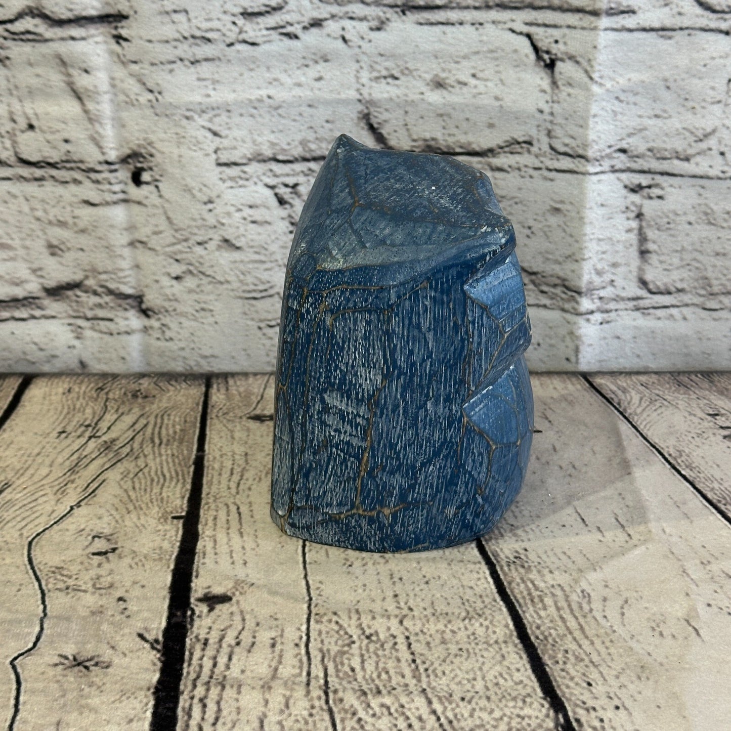 12cm x 10cm Blue Flower Wooden Shabby Owl Statue Ornament Fair Trade Handcarved