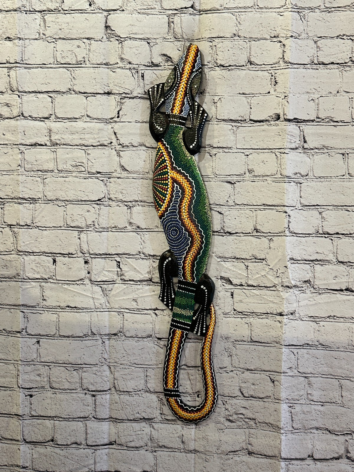 80cm Gecko Carved Wooden Dot Painted Ethnic Tribal Tiki Wall Handmade No 5