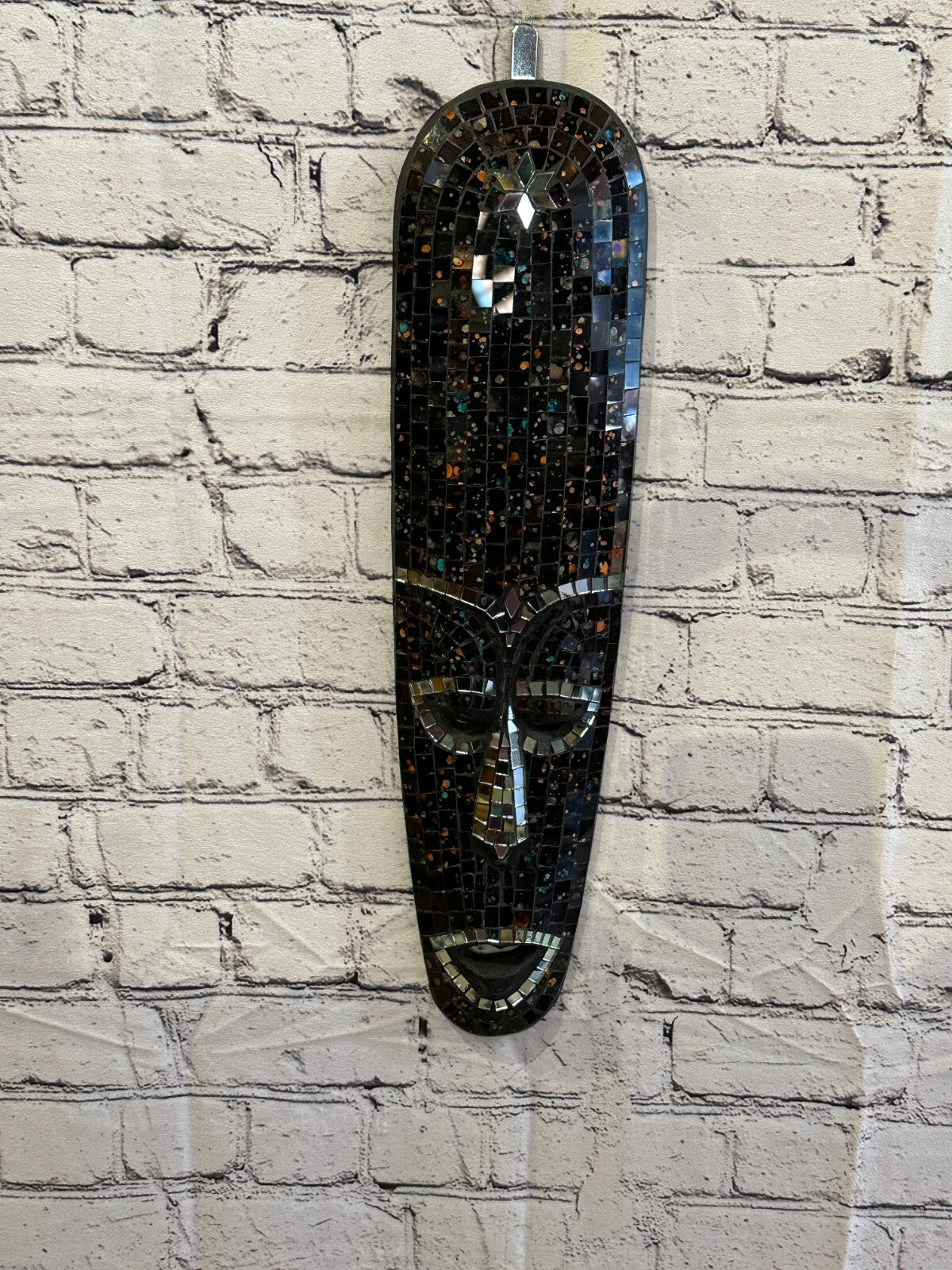 50cm Black Mosaic Mirror Mask Carved Painted Ethnic Tribal Wall Art Handmade