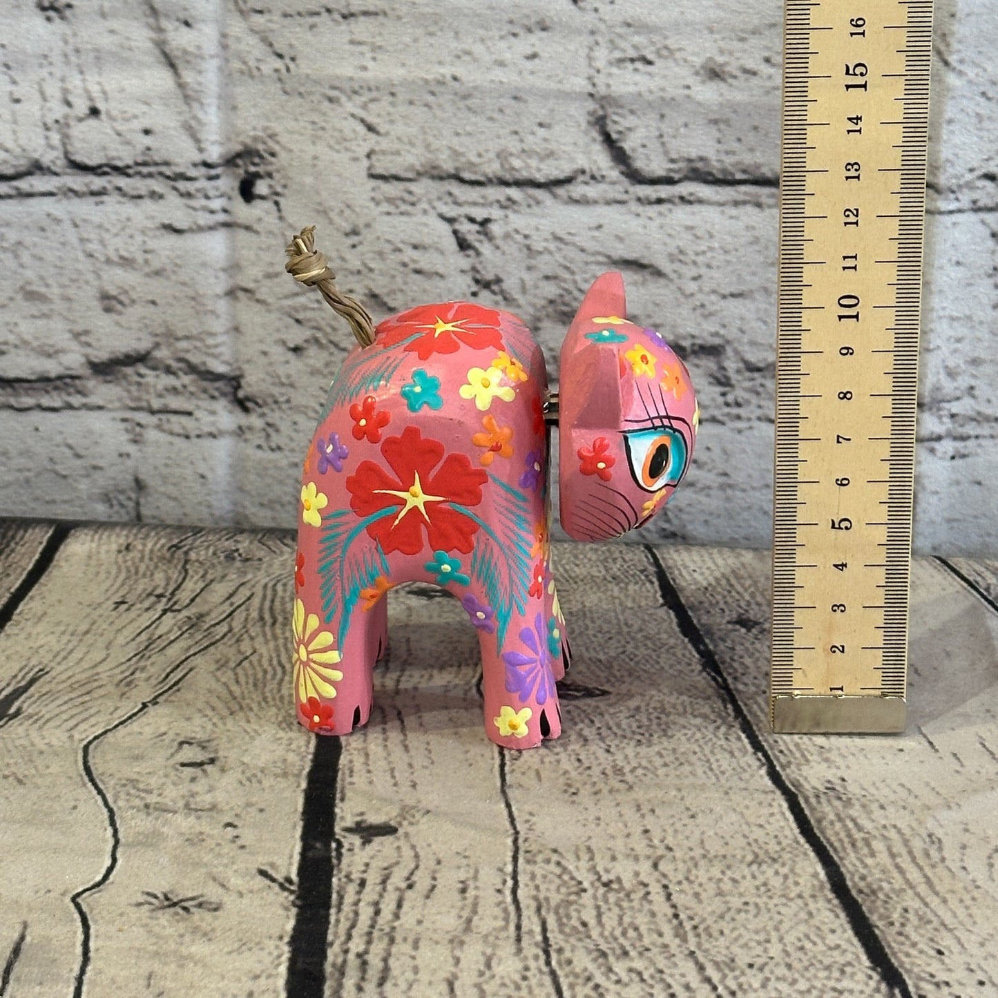 Pink Small Wooden Cat With Flower Pattern 10cm x 8cm Handmade and Fairtrade