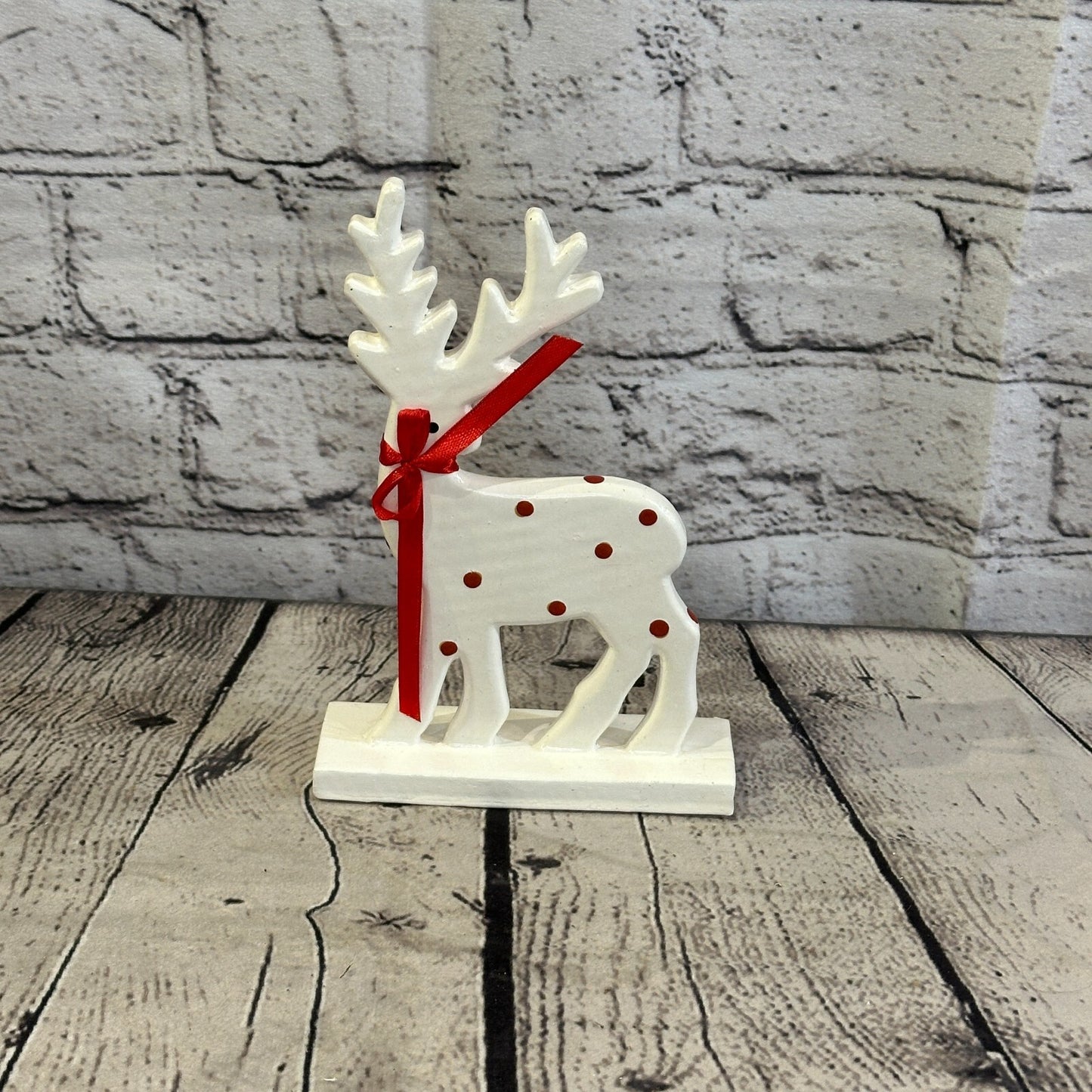 18cm x 10cm White Handcrafted Wood Reindeer Xmas Christmas Ornament Antlers