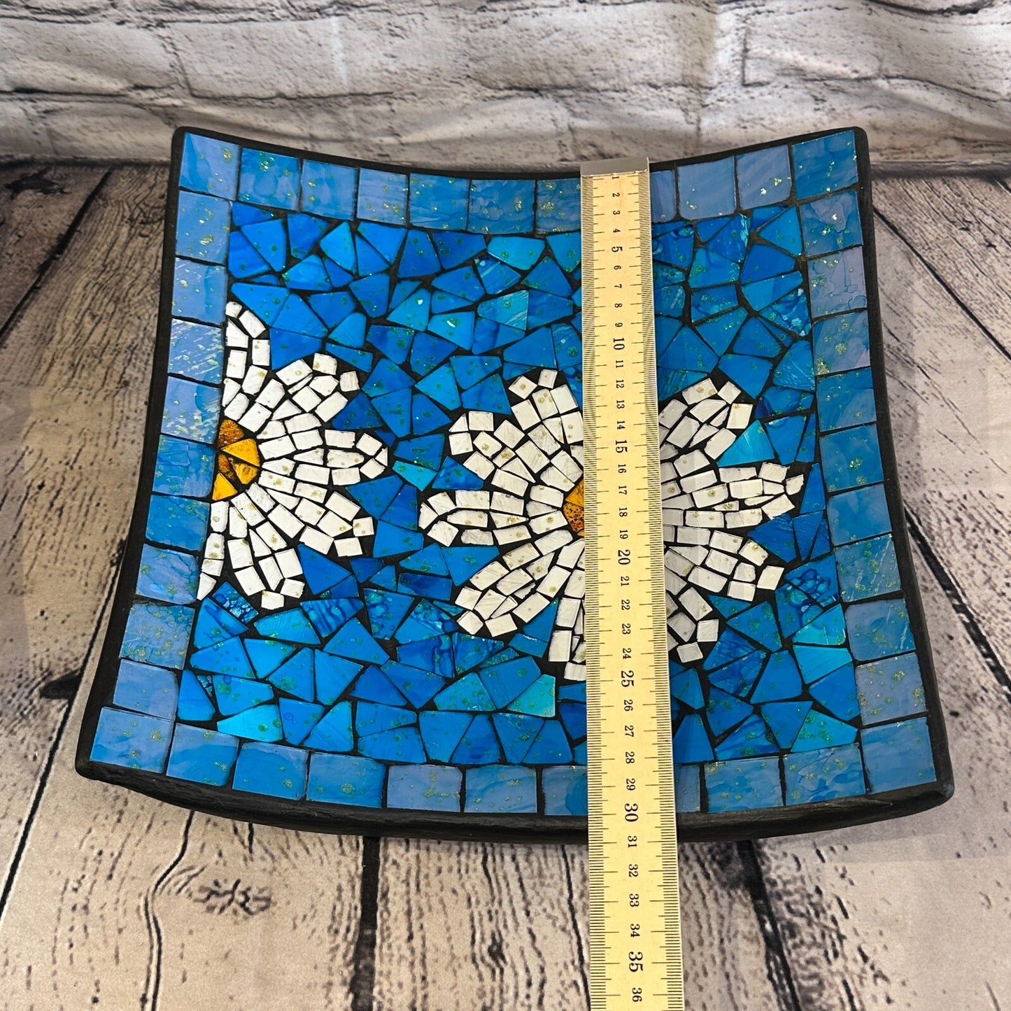 30cm Blue Daisy Flower Square Mosaic Handmade Ceramic Glass Tile Bowl Fruit