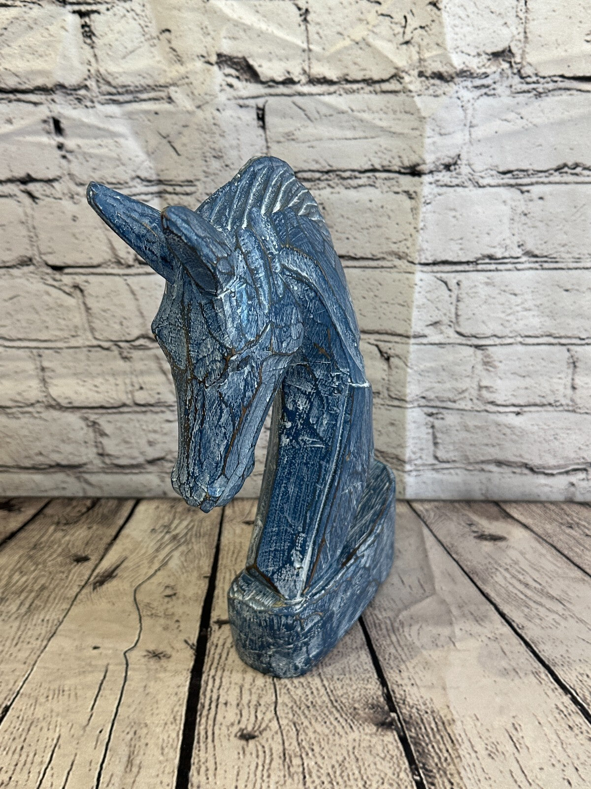 Blue Wooden 30cm x 18cm Horse Head Bust Hand Carved Wood Sculpture