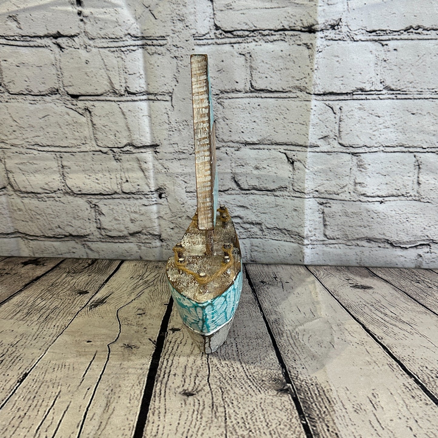 25cm Rustic Wooden Brown & Green Sailing Boat Nautical Ornament Sculpture Decor