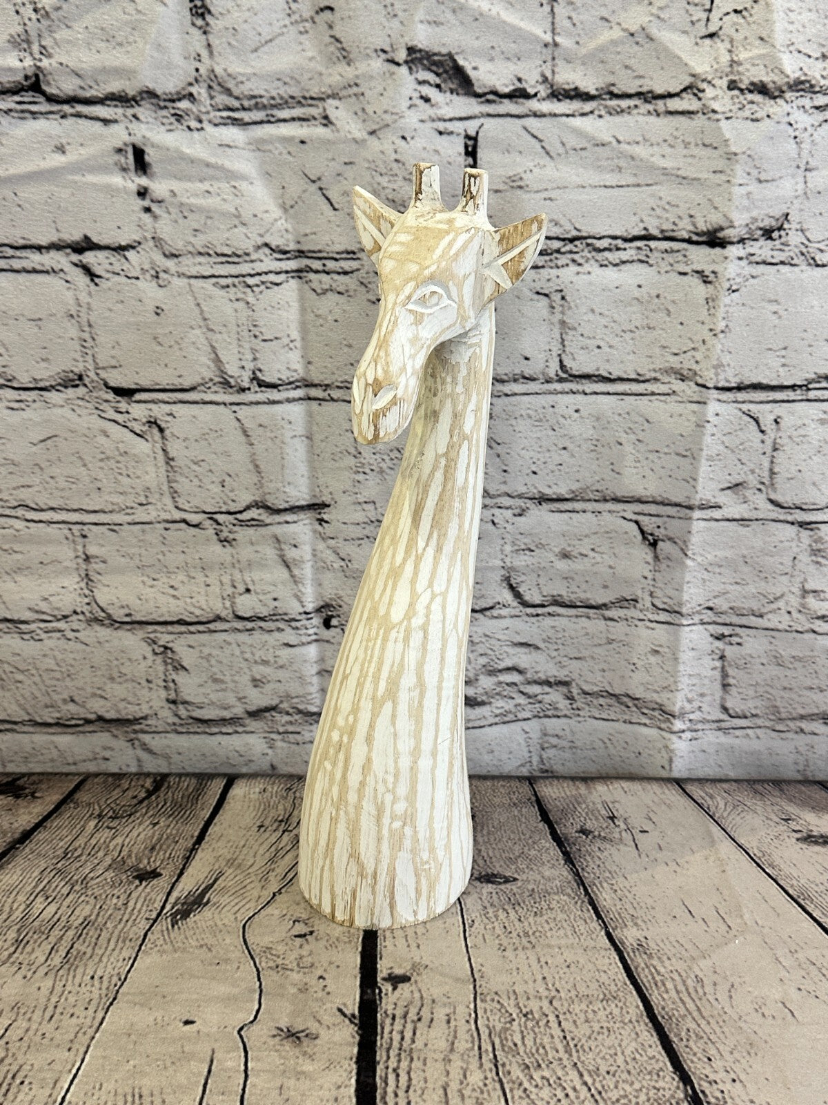 White Wooden Giraffe Head With Shabby Pattern 30cm x 10cm Handmade and Fairtrade