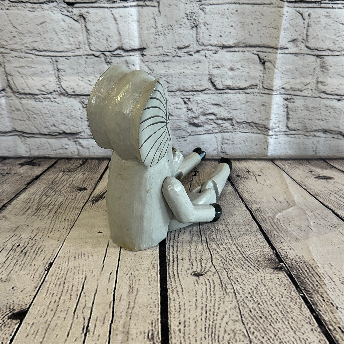20cm Grey Elephant Sitting Animal, Wooden Shelf Ornament Handmade & Fairtrade