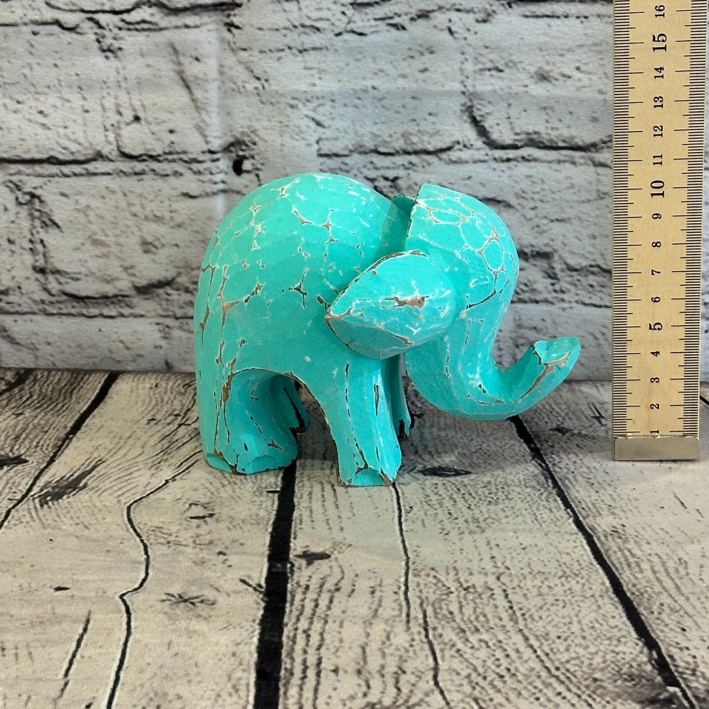 Green Wooden Elephant With Shabby Pattern 10cm x 10cm Handmade and Fairtrade
