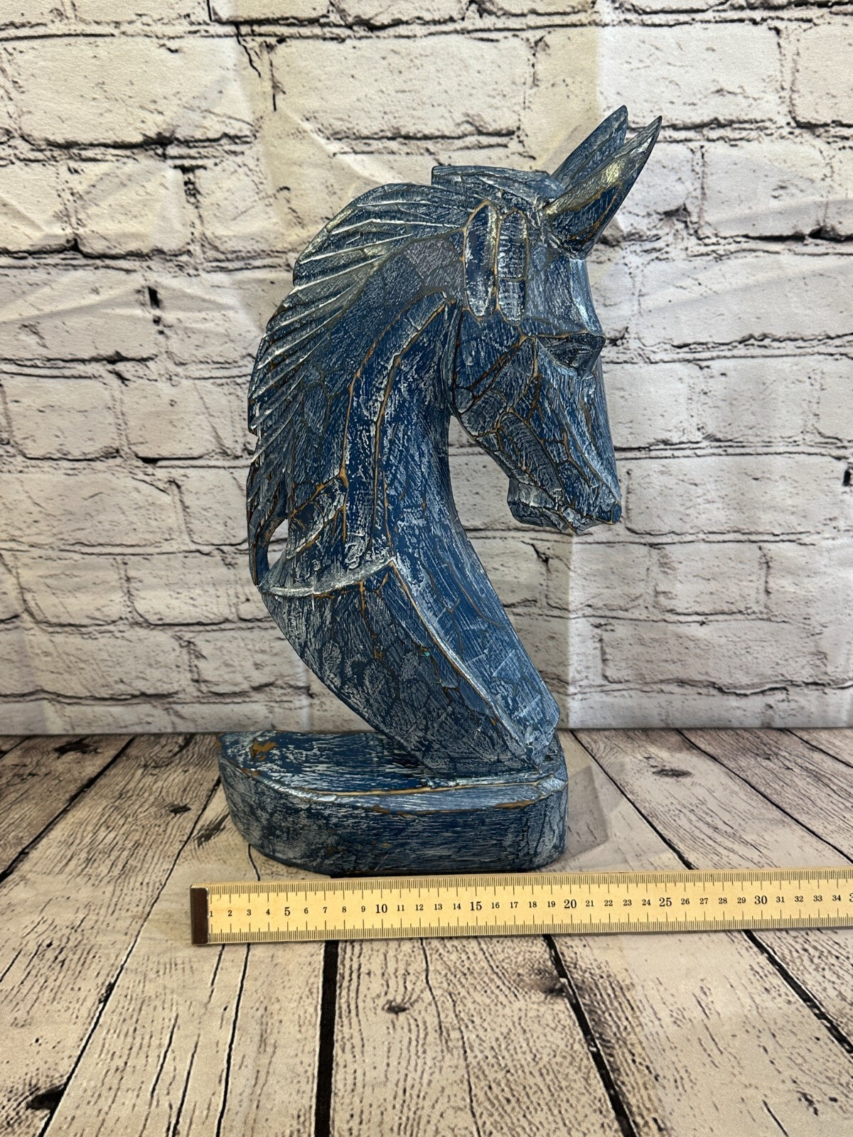 Blue Wooden 40cm x 20cm Horse Head Bust Hand Carved Wood Sculpture