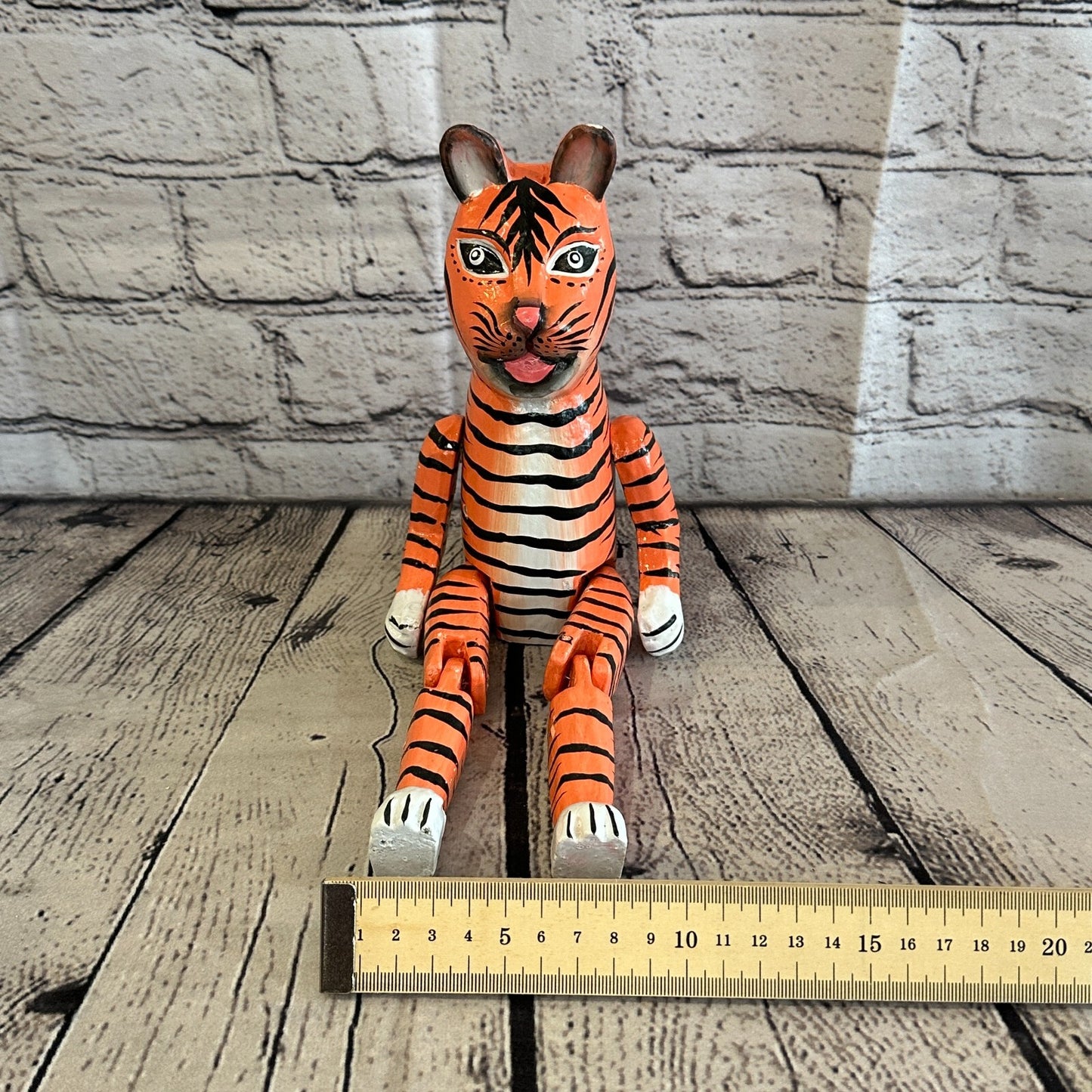 20cm Orange Tiger Sitting Animal, Wooden Shelf Ornament Handmade & Fairtrade