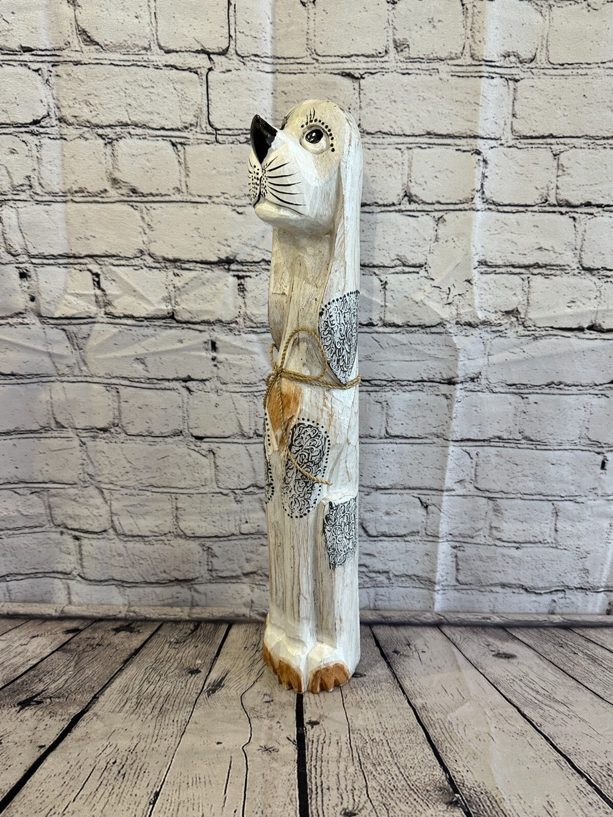 50cm White Flower Wooden Shabby Dog Statue Ornament Fair Trade Handcarved