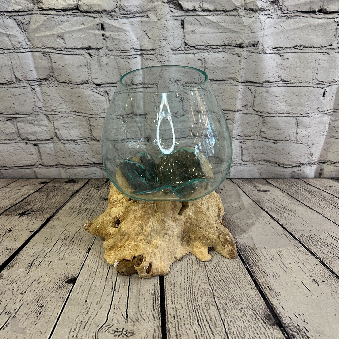 25cm x 25cm Molten Glass Round Bowl Natural Root Wood Base Stand Decor Ornament