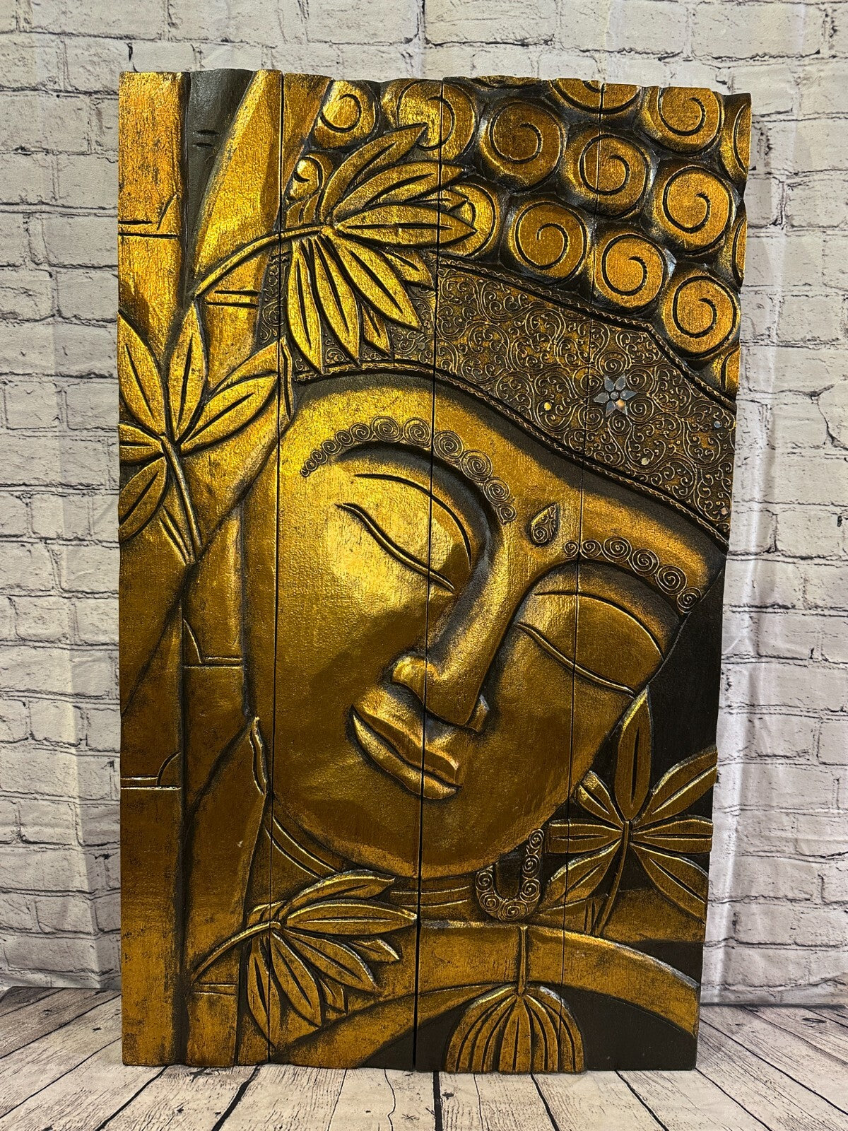100cm x 60cm Buddha Gold Panel Wooden Wood Panel Wall Art Plaque Handcarved